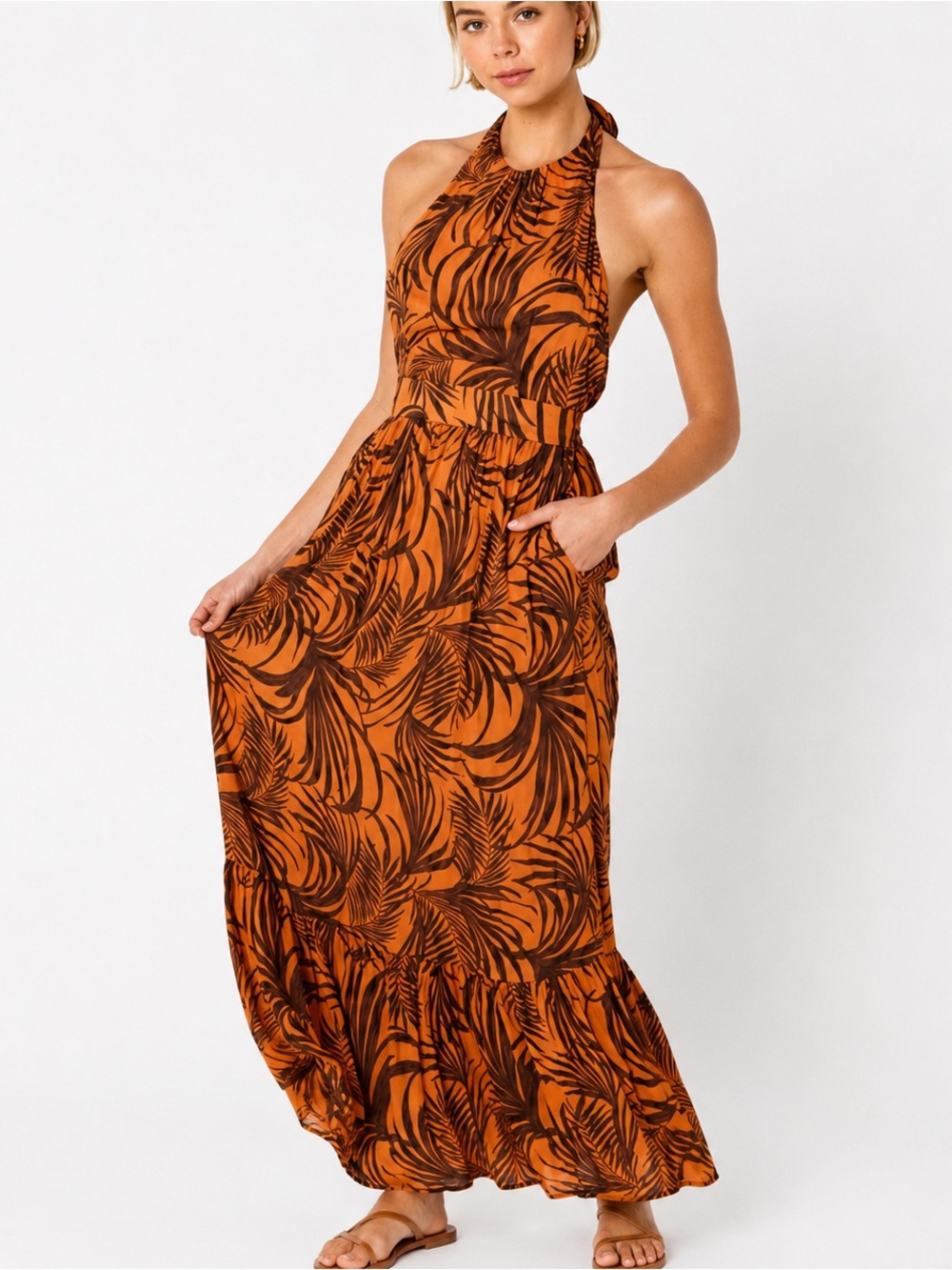 MINKPINK Orange Tropical Halter Maxi Dress – Size XS – NWT